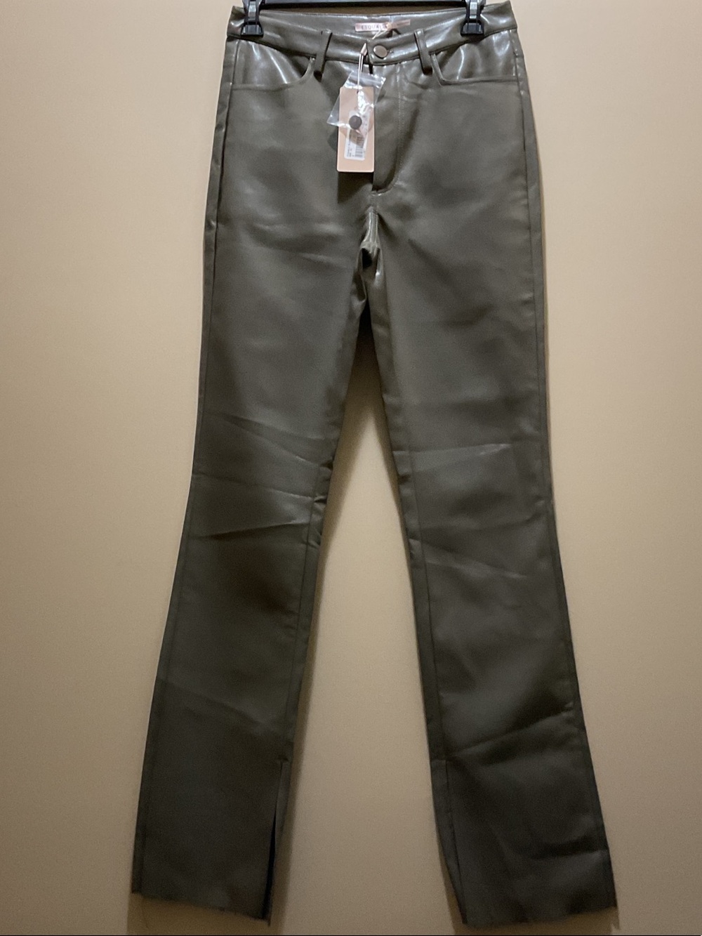 031 ESQUALO Olive Leaf Green Faux Leather Flare Pants